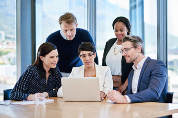 Group, brainstorming and laptop for review, office and discussion with men, talking or thinking....