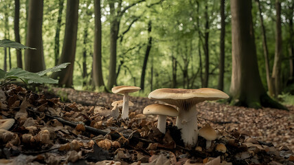 Fototapeta premium Clustered mushrooms on forest floor with damp leaves