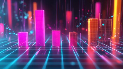 Fototapeta premium 3D luminous bar chart on a futuristic grid, representing the continuous rise of business.