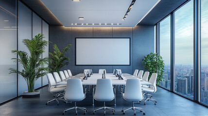 A large modern conference room with wall screen