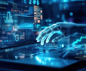 Robot hand interacting with laptop displaying data charts