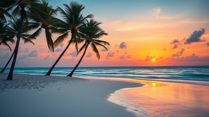 A serene sunset over a tranquil Gulf of Mexico shoreline, with towering palm trees, powdery white sand, and