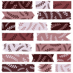 Obraz premium Set of red washi tapes with leaves pattern isolated on white. Tapes collection in vector. Pieces of decorative tape for albums. Burgundy torn paper 