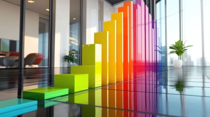 Obraz premium A bar graph depicting business growth from 0 to 100 with vibrant colors, each bar distinctly marked, set against a modern office background.