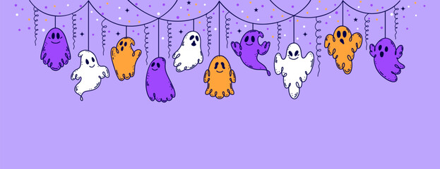 Halloween garland with doodle style ghosts on violet background.