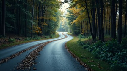 Fototapeta premium A winding road leads through a lush forest, disappearing into the distance, symbolizing a journey of growth,