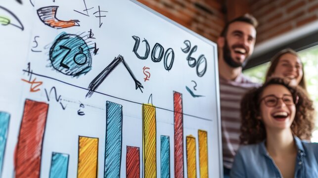 A bar graph drawn on a whiteboard with growth markers from 0 to 100. Colleagues smile and nod, indicating their approval and excitement.