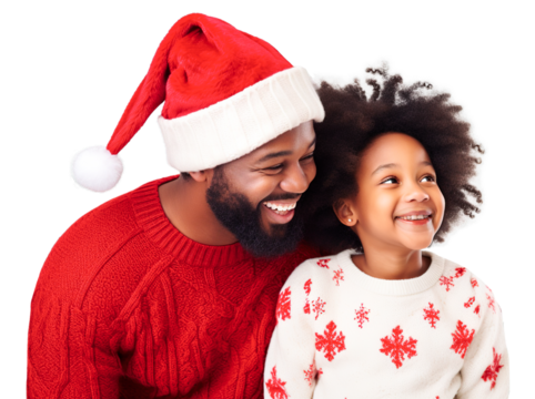 African American father and daughter awaiting for Christmas wearing sweaters and Santa's hat