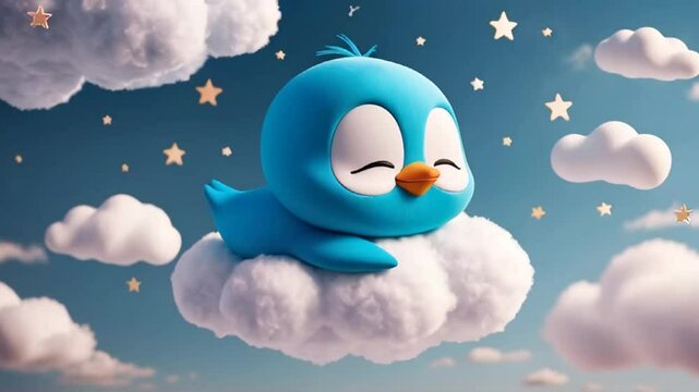 Little cute cartoon penguin sleeping on a cloud decoration
