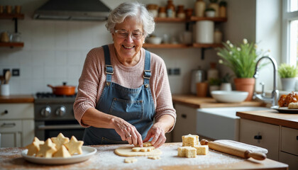Positive elder retired baker lady cooking biscuits in home kitchen, cutting fresh dough for star shaped cookies, smiling, baking sweet snacks, bakery dessert for at table with ingredients