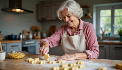 Positive elder retired baker lady cooking biscuits in home kitchen, cutting fresh dough for star shaped cookies, smiling, baking sweet snacks, bakery dessert for at table with ingredients