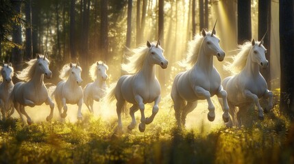 A herd of white unicorns runs through a sunlit forest.