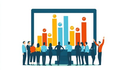 Obraz premium A bar graph on a computer monitor showing growth from 0 to 100. Happy professionals are gathered around, celebrating the business's success.