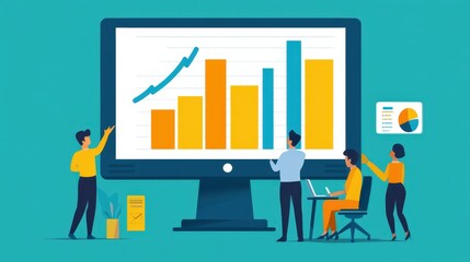 A bar graph on a computer screen showing steady growth from 0 to 100. Smiling colleagues are gathered around, appreciating the upward trend.
