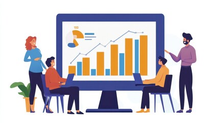 A bar graph on a computer screen showing steady growth from 0 to 100. Smiling colleagues are gathered around, appreciating the upward trend.