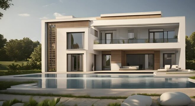 Photorealistic modern villa near the forest hi tech neoclassic patterned facade panels sharp angle parapets futuristic shapes 4k animation