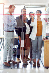Business people, presentation and writing on glass wall for collaboration, brainstorming and...