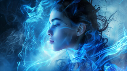 Mystical Woman with Blue Smoke Effect, Fantasy Portrait Art