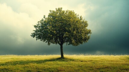 A solitary tree stands in a grassy meadow under a bright sky with soft clouds in the background.