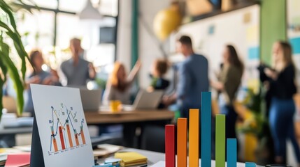 Fototapeta premium A bar graph showing a business's growth from 0 to 100, printed on paper and placed on a desk. People in the background celebrate the success story.