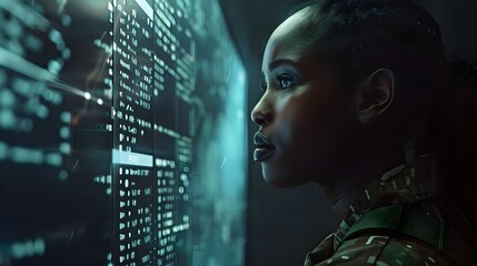 Naklejka premium Military Woman Analyzing Complex Data Cybersecurity Intelligence Technology | AI Generated