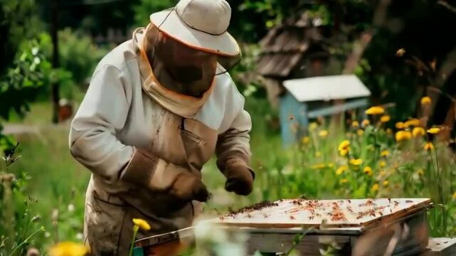 beekeeper working in the bee hives