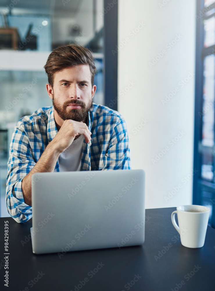 Poster creative man, portrait and thinking with laptop for networking, communication or message in office. 