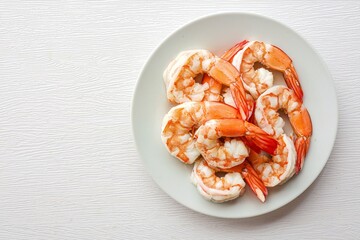 Boiled shrimp in white ceramic plate on white background , top view food table with free copy space