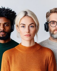 Fototapeta premium Three Young Adults Posing Together in Vibrant Sweaters on a White Background