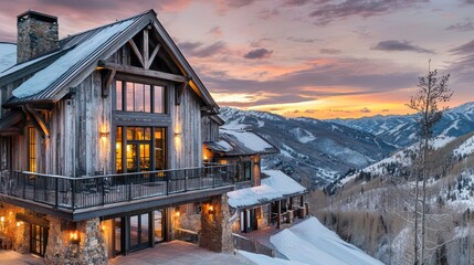 A mountaintop ski lodge with weathered James Hardie siding, overlooking snowy slopes, designed to withstand heavy snowfall and freezing temperatures