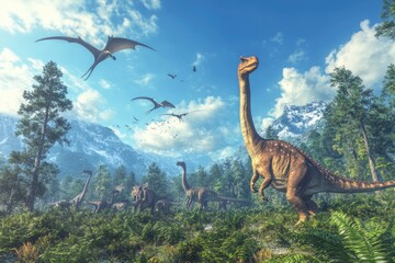 Dinosaurs on an island surrounded by blue sky and lush vegetation.