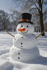 Obraz premium Cheerful Snowman in a Snowy Winter Landscape. Generative AI