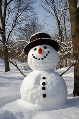Cheerful Snowman in a Snowy Winter Landscape. Generative AI