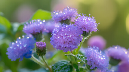 Obraz premium Close-up of vibrant purple flowers with dew droplets, showcasing nature's beauty.