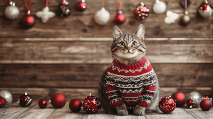 A cute tabby cat wearing a festive red and white sweater, sitting amidst Christmas ball ornaments, captured against a wooden background, full of holiday spirit.
