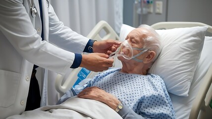 Elderly male getting his breathing mask put on by a female doctor while sitting in a hyperbaric chamber