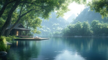 Serene lakeside view with a cozy cabin and lush greenery.