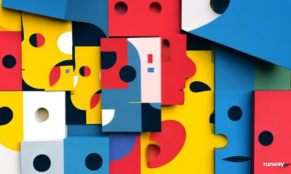 Abstract Bauhaus design with primary colored geometric figures, illustrating concepts of mental health