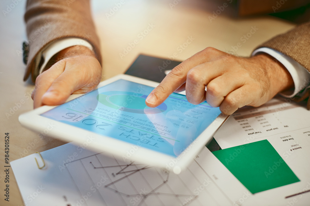 Poster hands, tablet and research with notes, documents and entrepreneur for connection at digital agency a