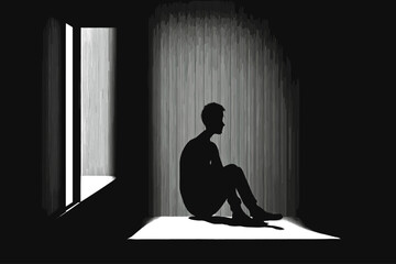 Depression and mental health problems. Man sitting on the floor in the dark