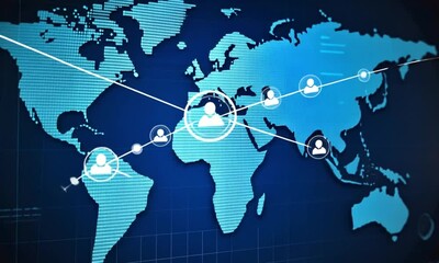 Digital world map with data visualization elements for technology and analytics.