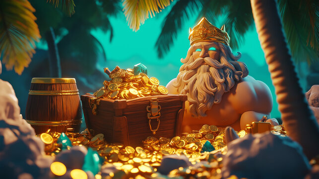 The zeus wrath slot game character with gold coins, game background, Illustration