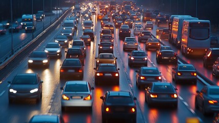 Rush hour traffic congestion fills city streets, with vehicles crawling along highways in a seemingly endless jam. 