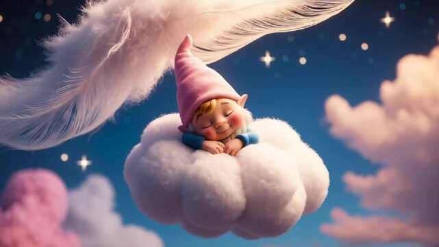 Little cute cartoon gnome sleeping on a cloud decoration