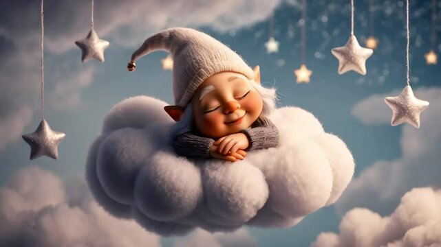 Little cute cartoon gnome sleeping on a cloud decoration