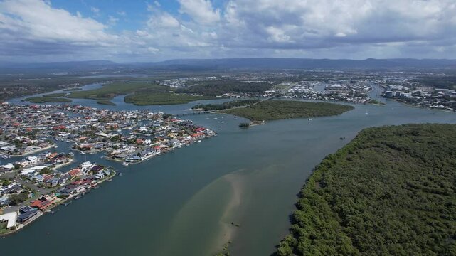 Panoramic View Of Paradise Point, Ephraim Island And Sovereign Islands In Gold Coast, Queensland, Australia - Drone Shot