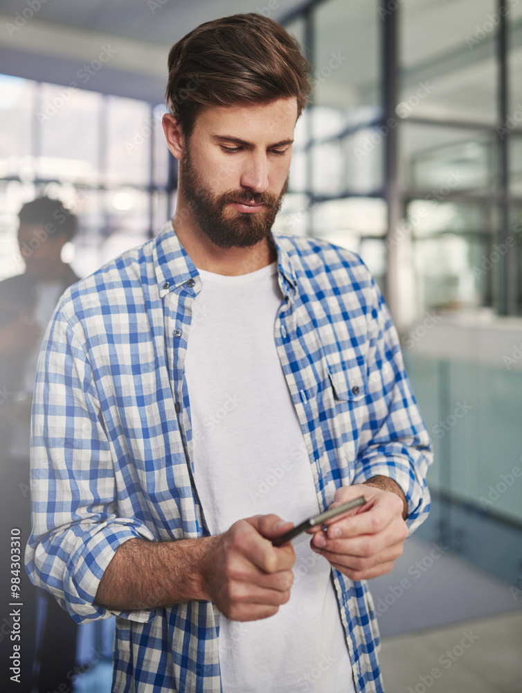 Aufkleber Man, thinking and typing on smartphone for networking, communication or message in office. Designer, planning and creative idea on cellphone with social media and connection for email startup