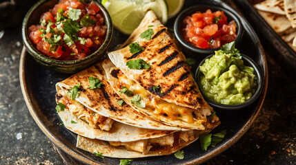 A visual of a cheesy quesadilla with grilled chicken and a side of salsa and guacamole.