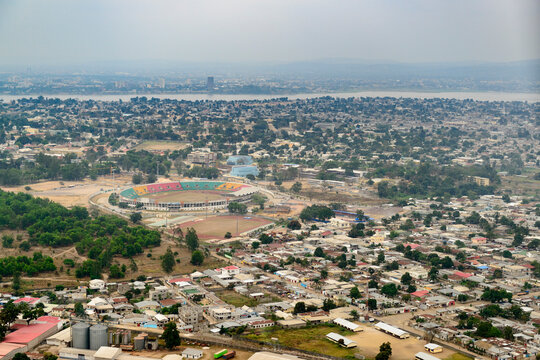 Aerial vide of Brazzaville with the Congo River and Kinshasa, (Capital of Democratic Republic of the Congo) in the background. Republic of the Congo