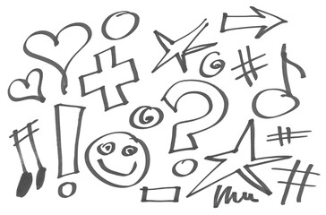 Set symbols and sign, hand draw black felt tip pen isolated on white